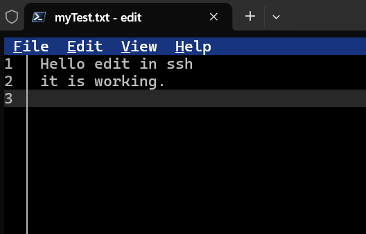 Microsoft Edit opens myTest.txt successfully in an interactive SSH terminal