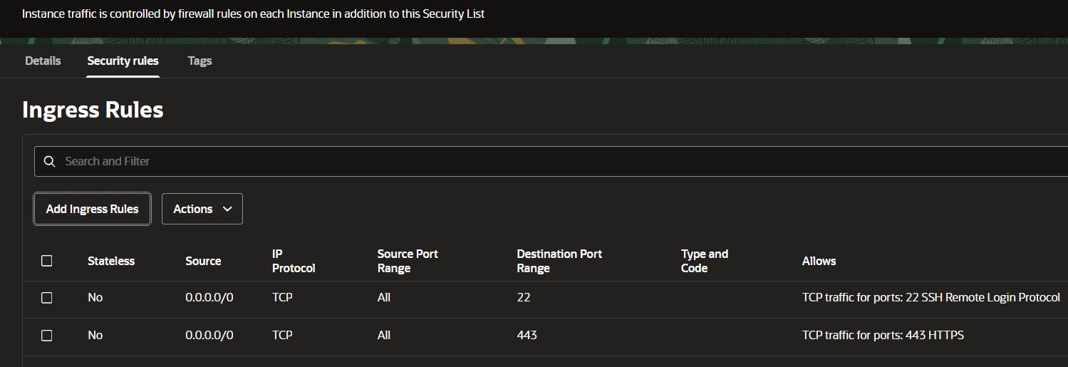 OCI security list with ports 22 and 443 open to all IPv4 sources
