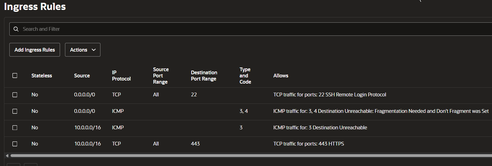 OCI security list with SSH on port 22 open globally and port 443 limited to the VCN CIDR