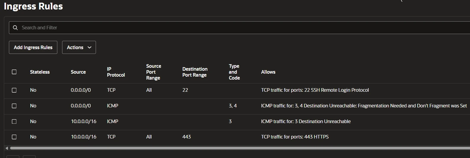 OCI ingress rules with port 443 limited to source 10.0.0.0/16