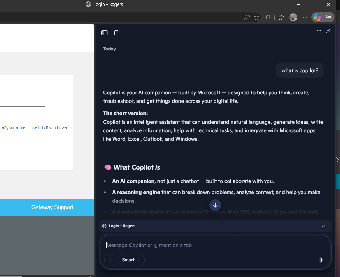 Copilot opened from GitHub.com in the Microsoft Edge sidebar