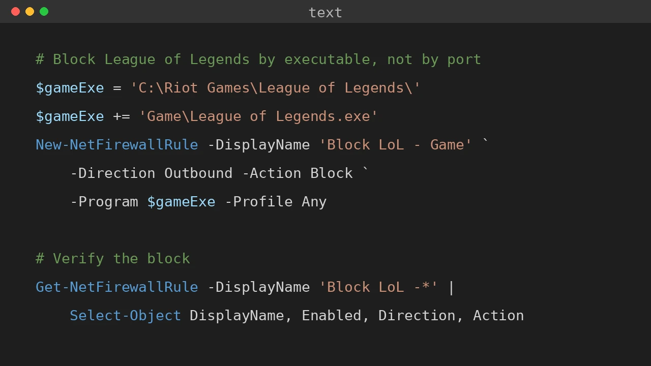 PowerShell New-NetFirewallRule snippet on a dark terminal