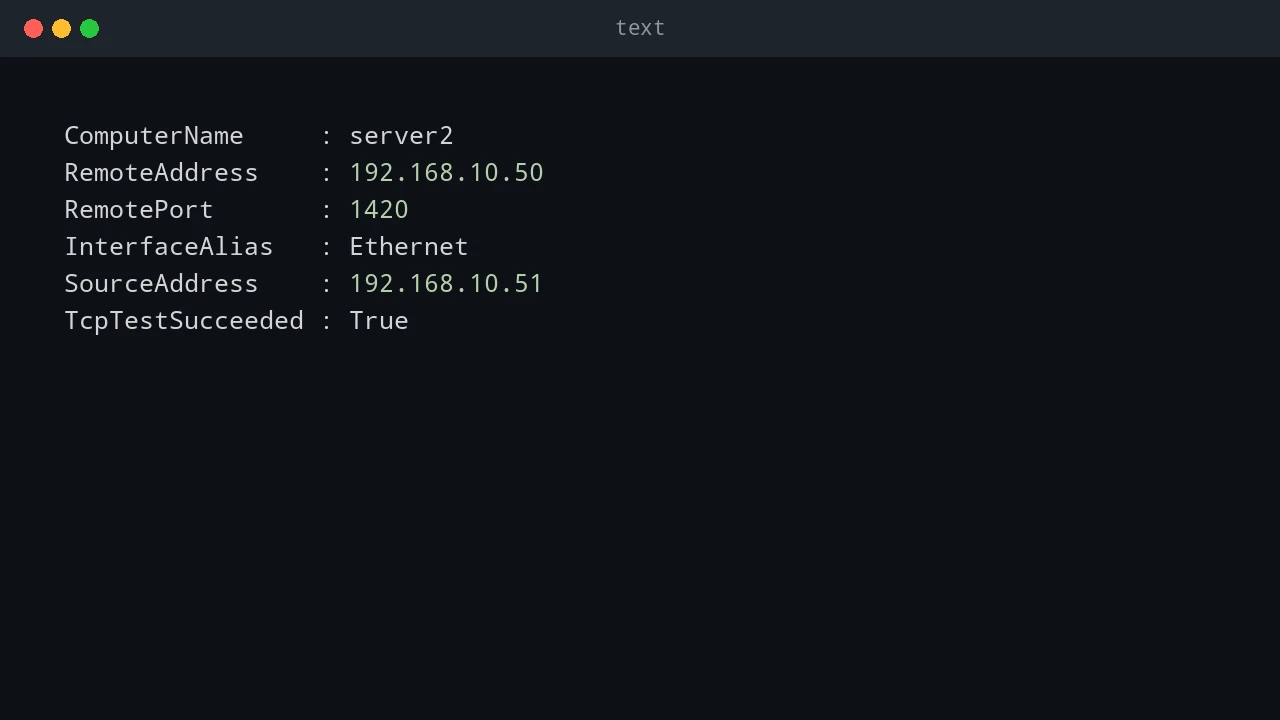 Test-NetConnection output showing whether a TCP port is open
