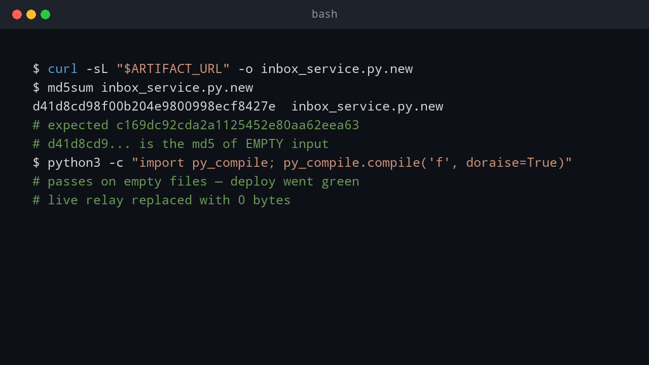 Terminal showing a zombie job re-executing a deploy on every relay restart