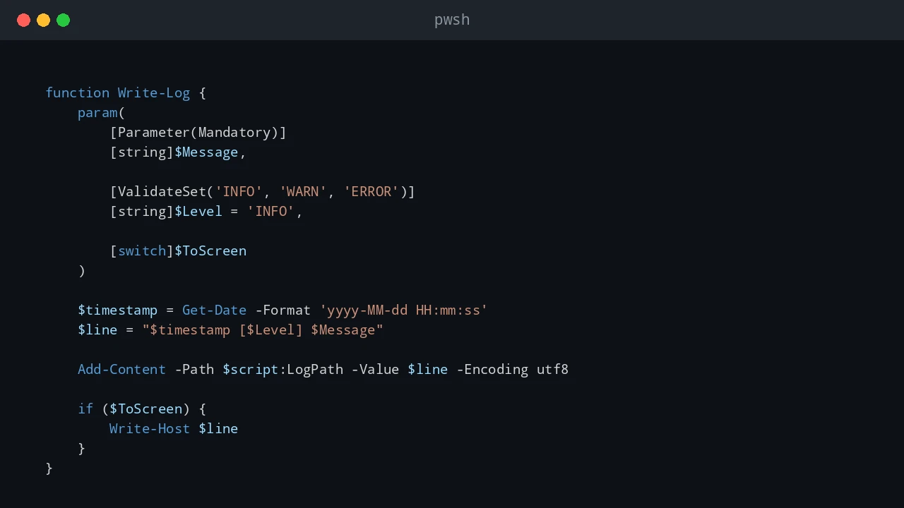 PowerShell production script writing timestamped entries to a log file