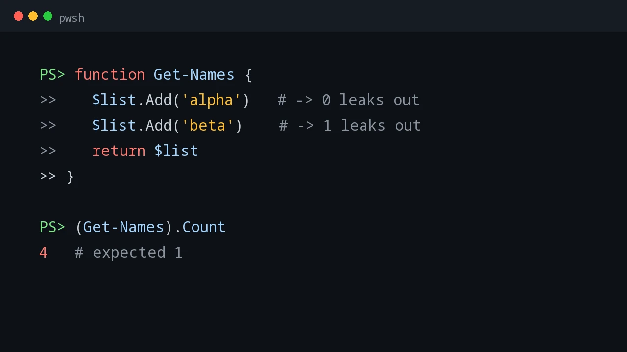 PowerShell terminal showing a function leaking extra output