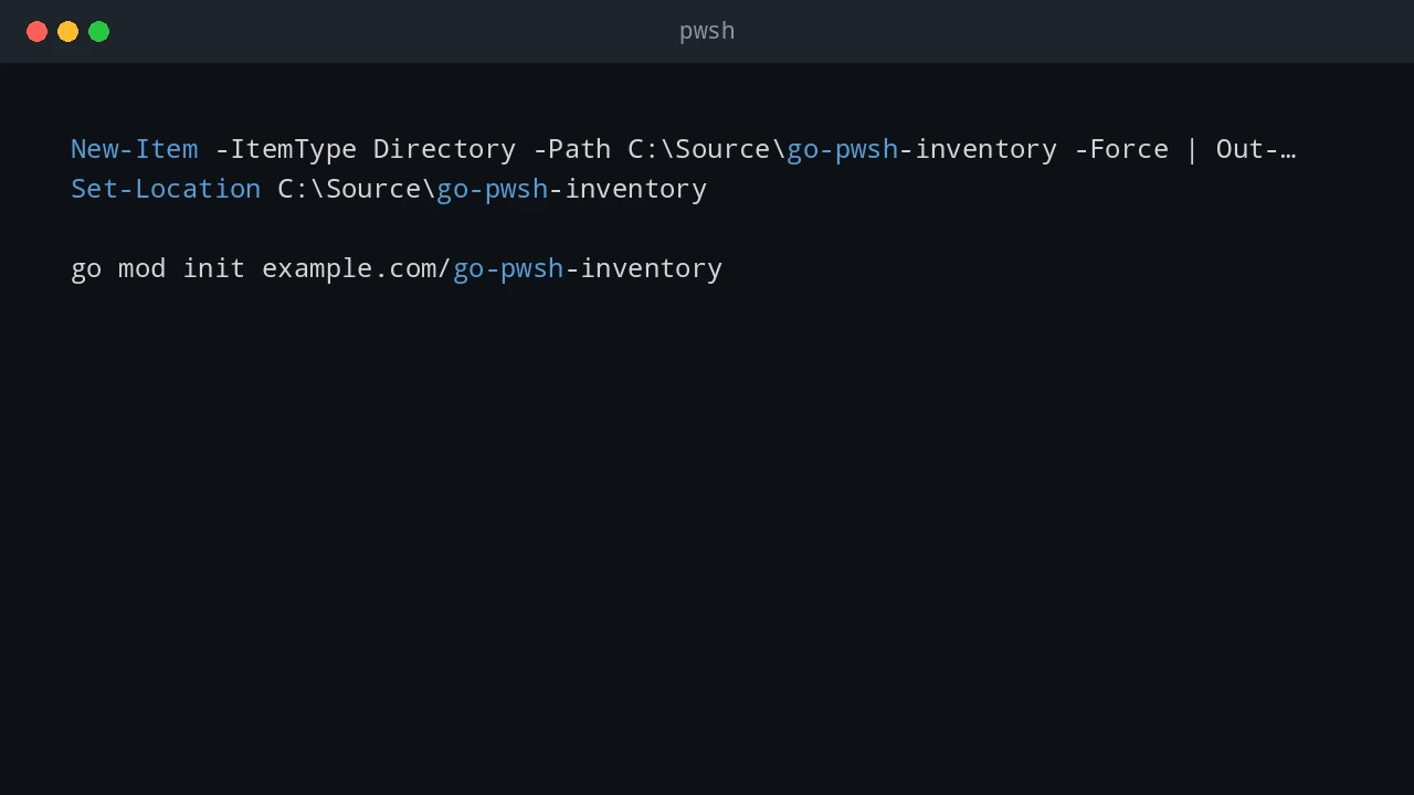 PowerShell terminal building and running a Go program on Windows