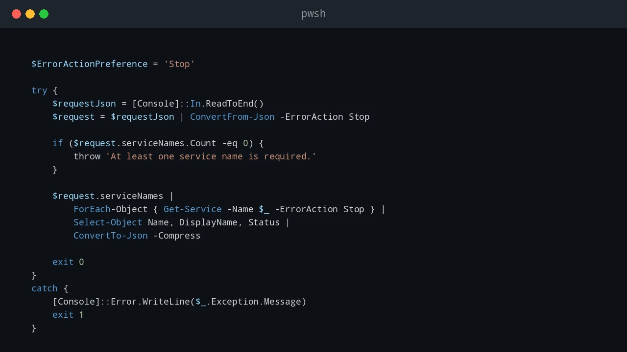 Go program calling a PowerShell script and parsing its JSON output