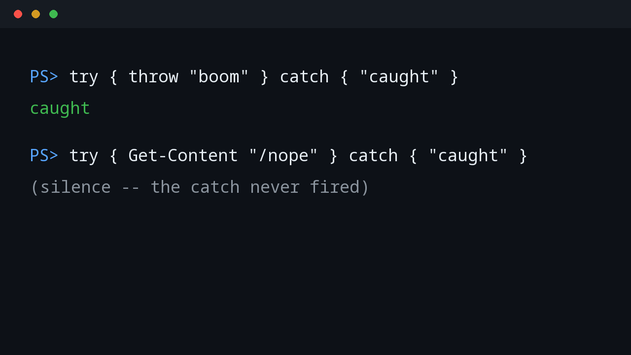 PowerShell terminal showing try/catch missing a non-terminating error