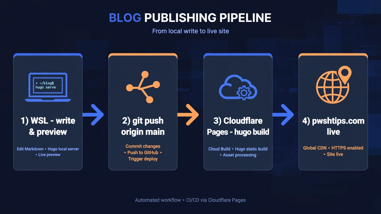 Diagram of the blog publishing pipeline from WSL to Cloudflare Pages