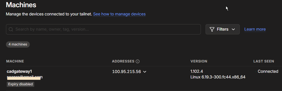 Tailscale admin panel showing cadgateway1 connected with key expiry disabled