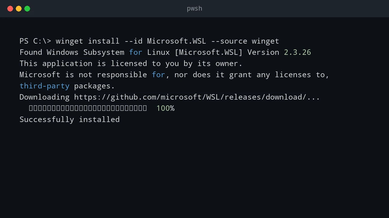 Terminal showing winget installing WSL