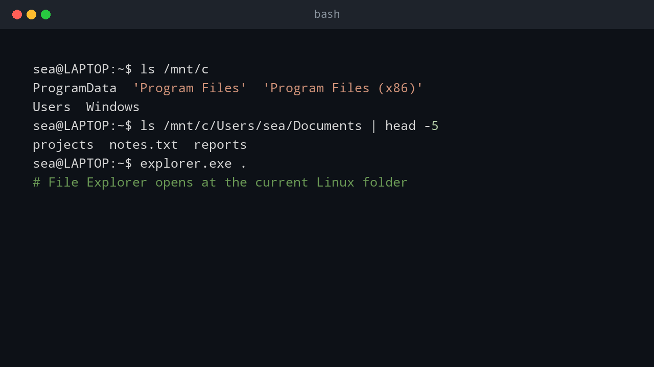 WSL terminal listing files on the Windows C: drive via /mnt/c