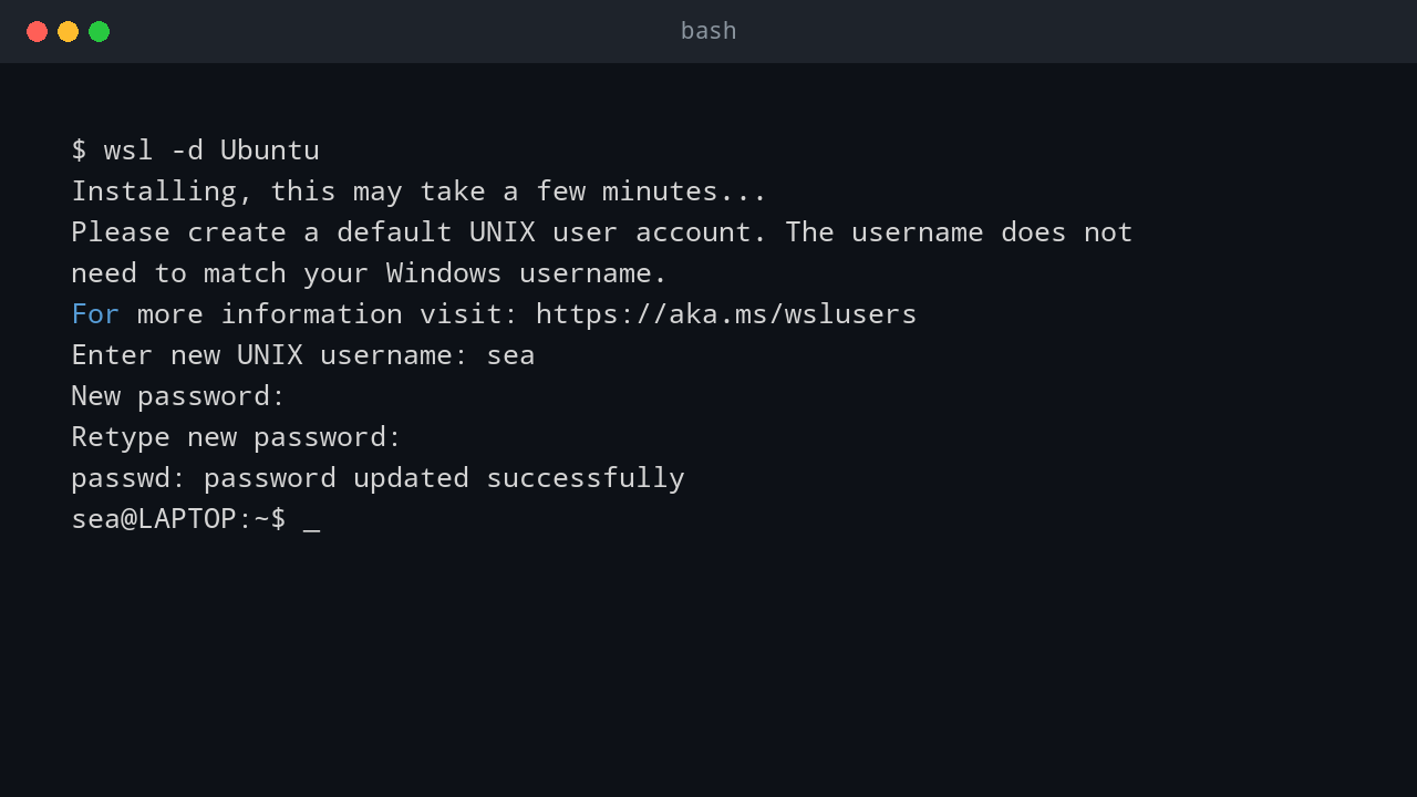 Ubuntu first-run setup prompting for a new Unix username and password