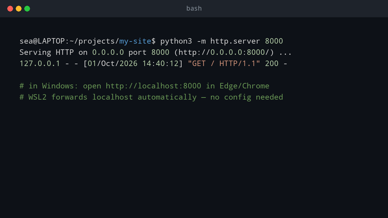 Windows browser open to localhost:8000 serving a page from the WSL Python web server