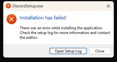 DiscordSetup.exe installation has failed dialog