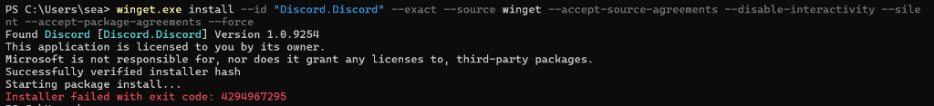 Discord winget install failed with exit code 4294967295