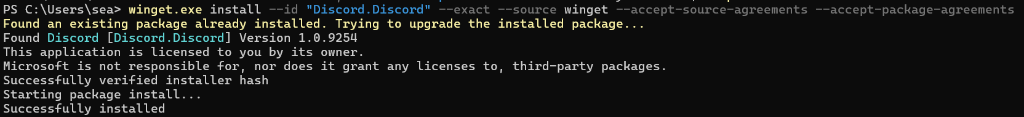 Discord winget install succeeded