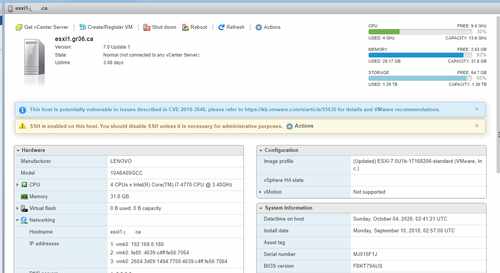 ESXi Host Client showing the 7.0 Update 1 host: i7-4770, 31.8 GB RAM, datastores 95 percent full