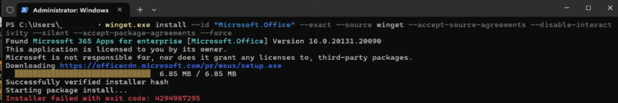 Microsoft 365 winget error 4294967295