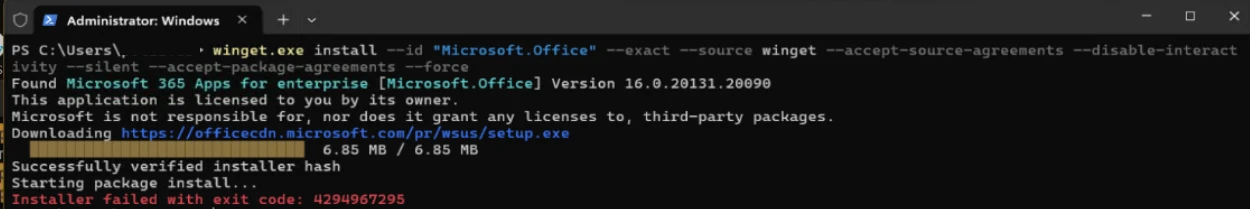 Microsoft 365 winget error 4294967295