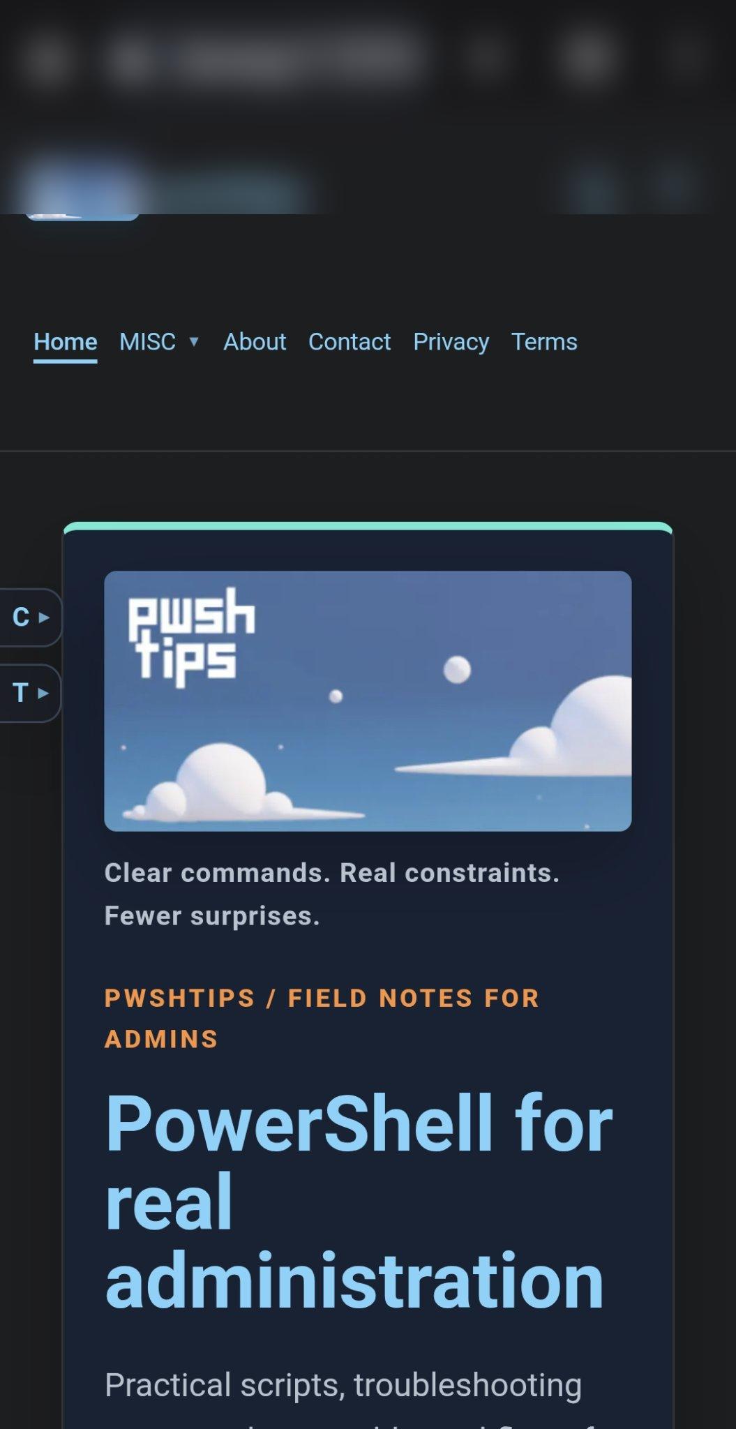 Phone browser showing the pwshtips.com preview via Tailscale