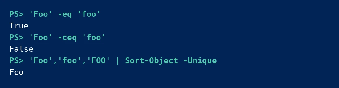 PowerShell console showing -eq is case-insensitive, -ceq is case-sensitive, and Sort-Object -Unique collapsing case variants
