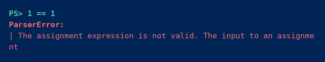PowerShell console showing the ParserError when using == instead of -eq
