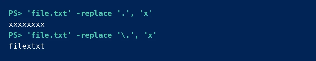 PowerShell console showing &lsquo;file.txt&rsquo; -replace &lsquo;.&rsquo; producing xxxxxxxx and the escaped fix