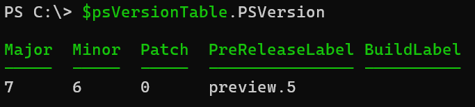 Screenshot of PowerShell version command