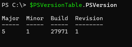 Screenshot of PowerShell version command
