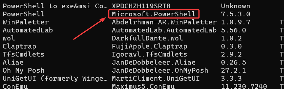Screenshot of winget search