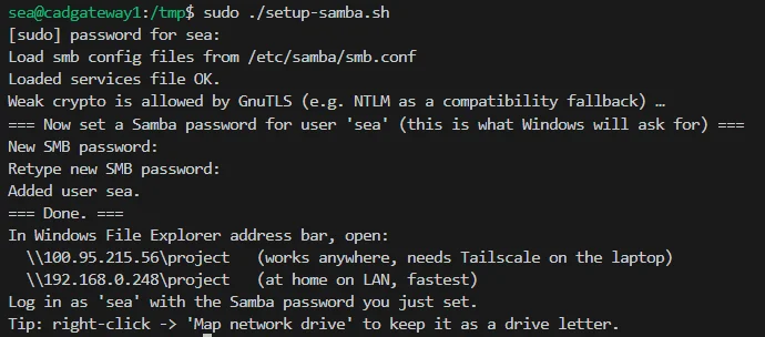 setup-samba.sh running on vm2: smb.conf validated, Samba password set for user sea