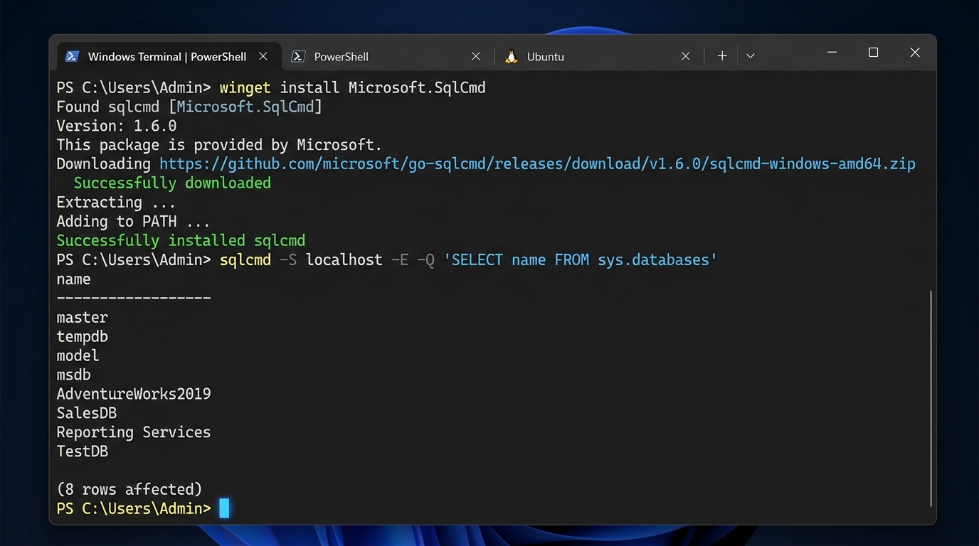 Windows Terminal running PowerShell showing winget installation of sqlcmd followed by executing query returning sys.databases table output