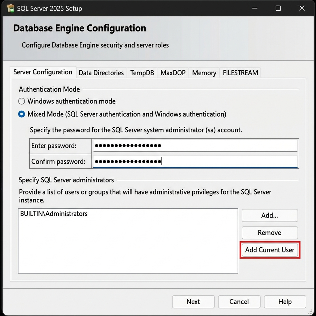 Database Engine Configuration screen with Mixed Mode authentication selected, password fields filled, and Add Current User button highlighted