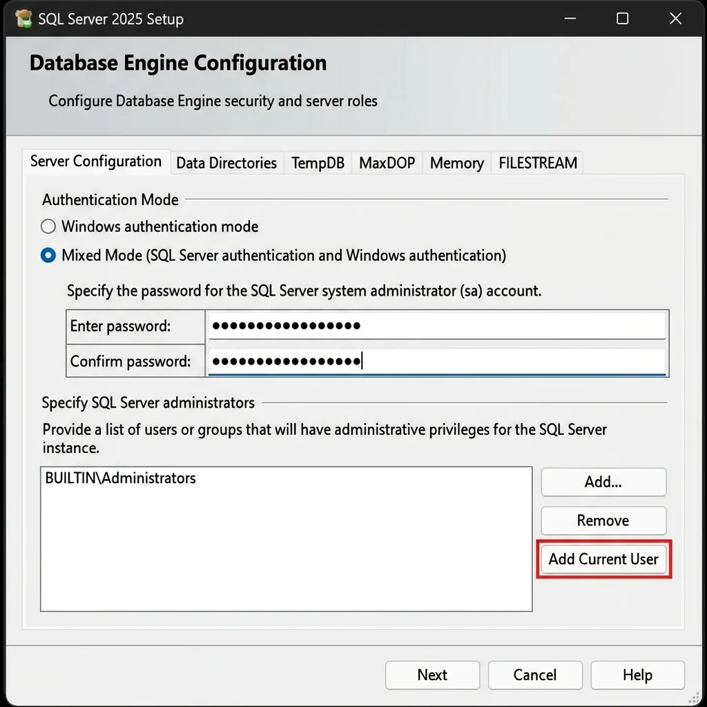 Database Engine Configuration screen with Mixed Mode authentication selected, password fields filled, and Add Current User button highlighted