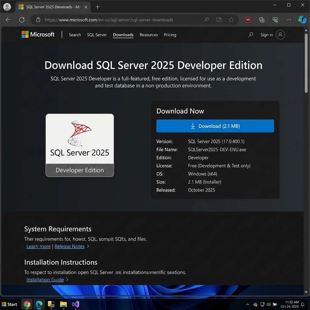 SQL Server 2025 Developer Edition download page on Microsoft&rsquo;s website