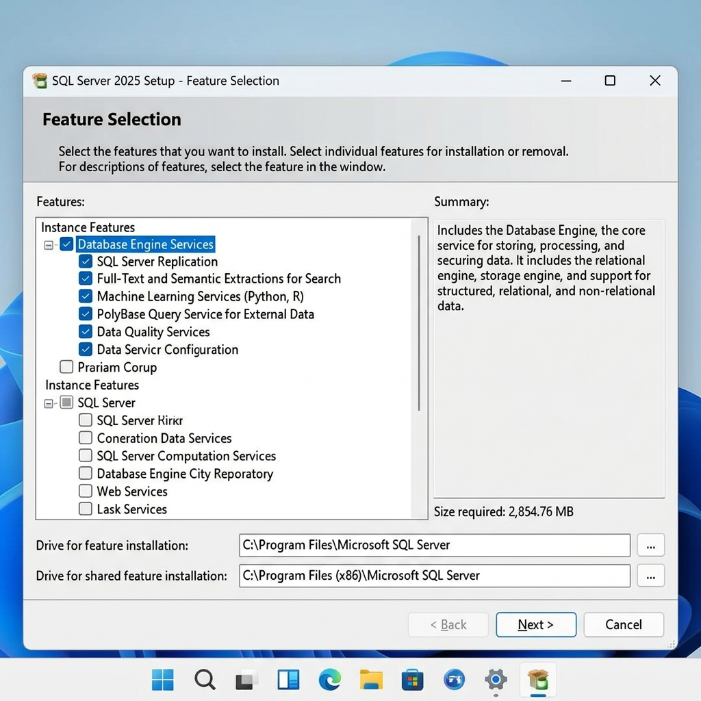 SQL Server 2025 Setup Feature Selection screen showing Database Engine Services, Replication, Full-Text Search, and Machine Learning Services checked