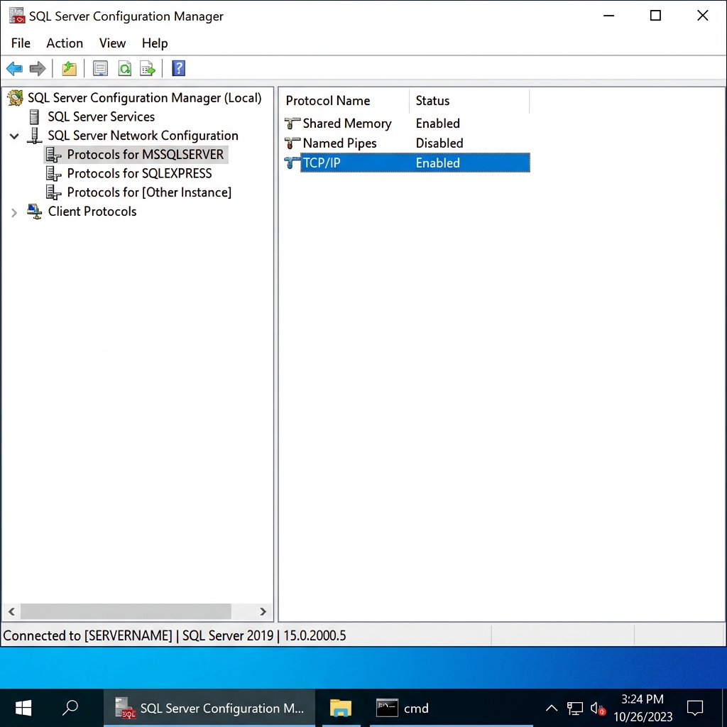 SQL Server Configuration Manager showing TCP/IP enabled under Protocols for MSSQLSERVER