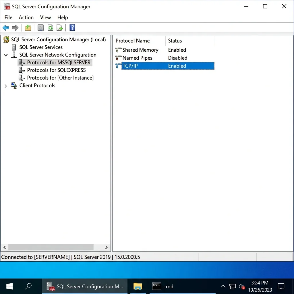 SQL Server Configuration Manager showing TCP/IP enabled under Protocols for MSSQLSERVER