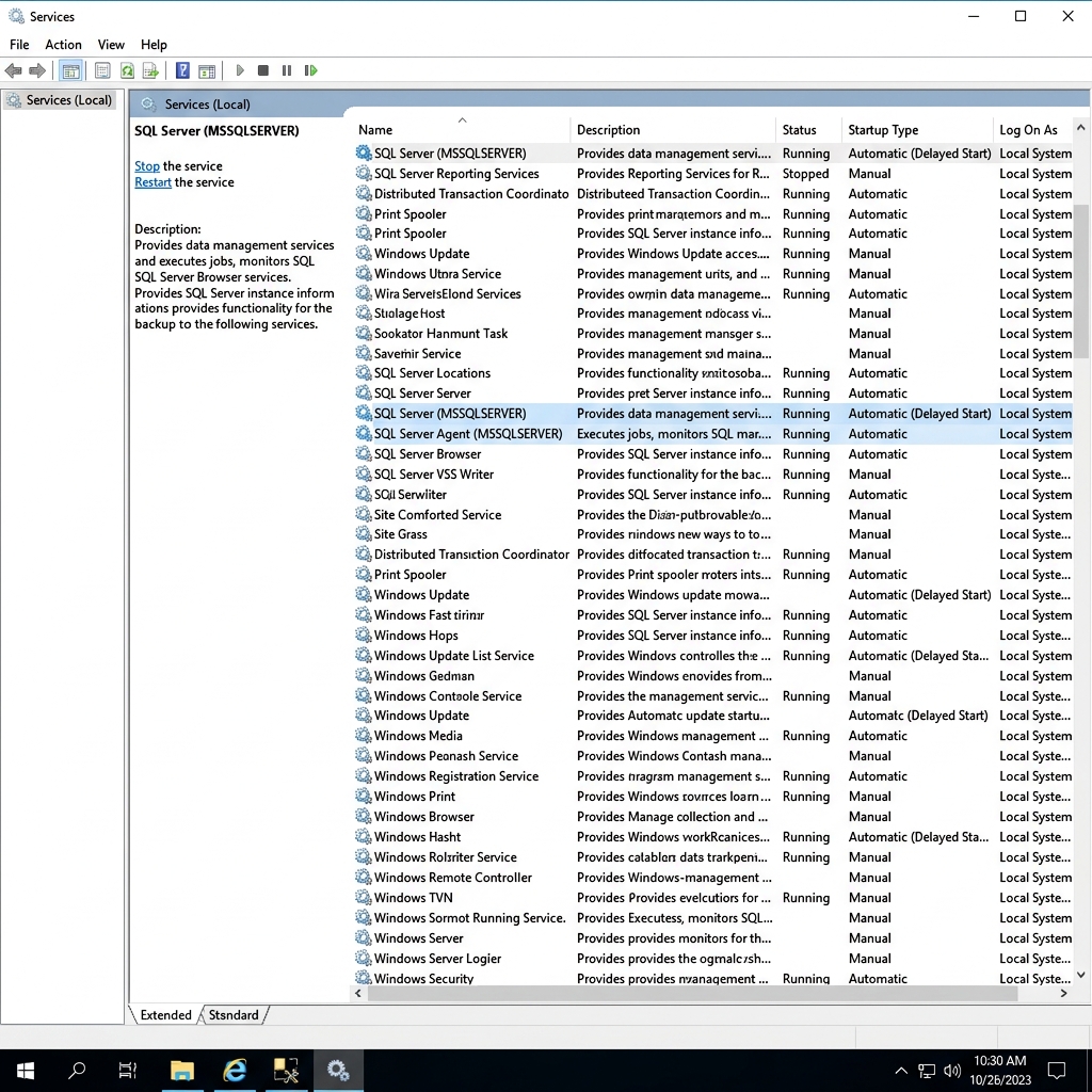 Windows Services (services.msc) showing SQL Server services with their status and startup type