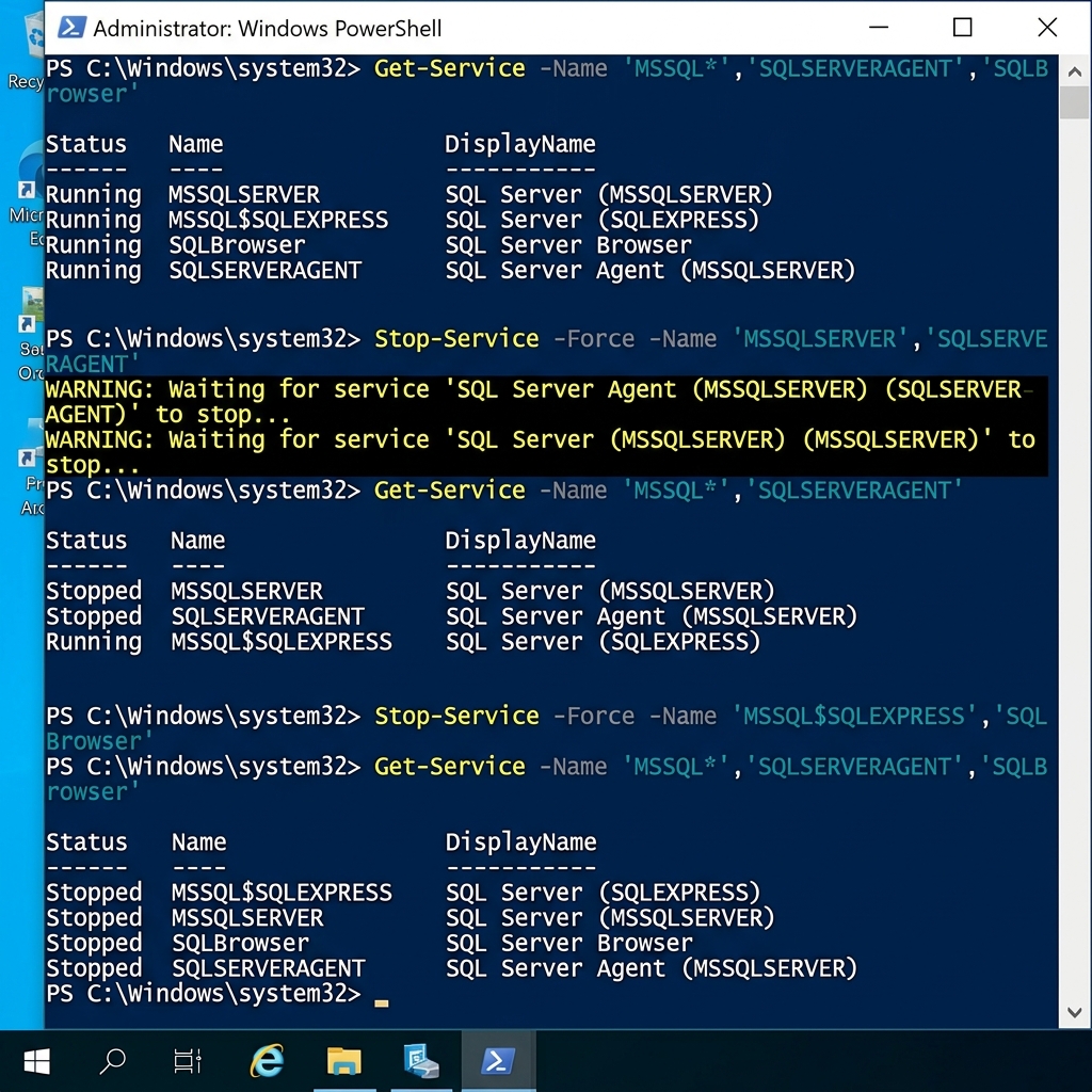 PowerShell terminal showing Get-Service and Stop-Service commands for SQL Server services with output displaying service status changes from Running to Stopped