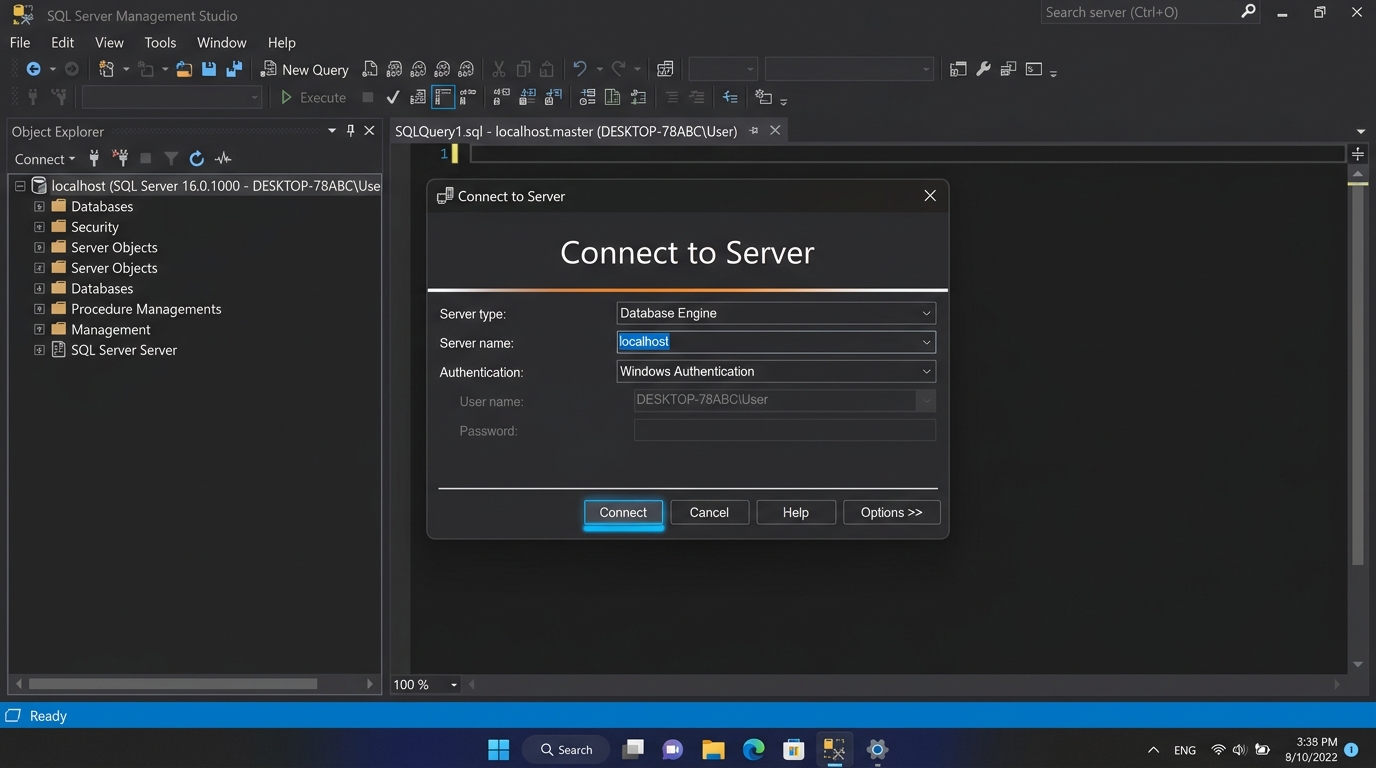 SQL Server Management Studio Connect to Server dialog showing localhost server name and Windows Authentication over Object Explorer