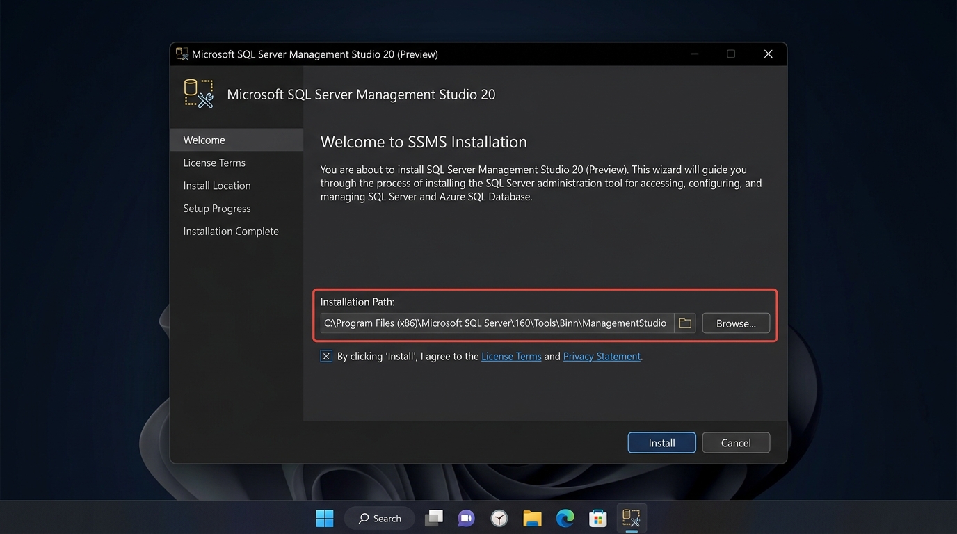 Installing SQL Server Management Studio wizard on Windows 11 showing setup location and Install button