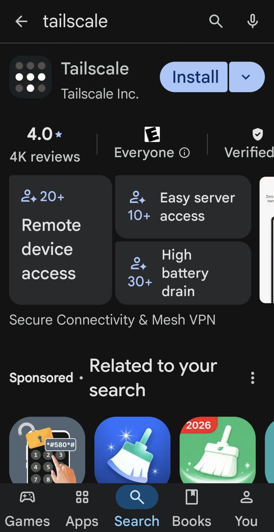 Tailscale app listing in Google Play Store