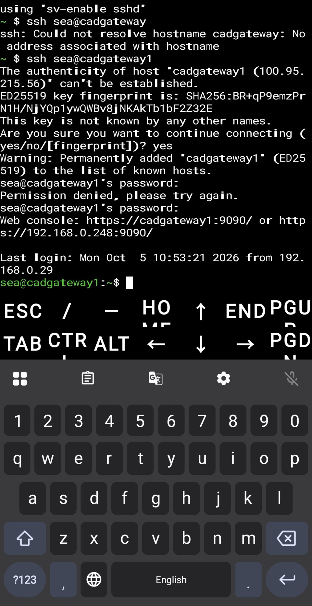 Termux SSH session to cadgateway1 from Android