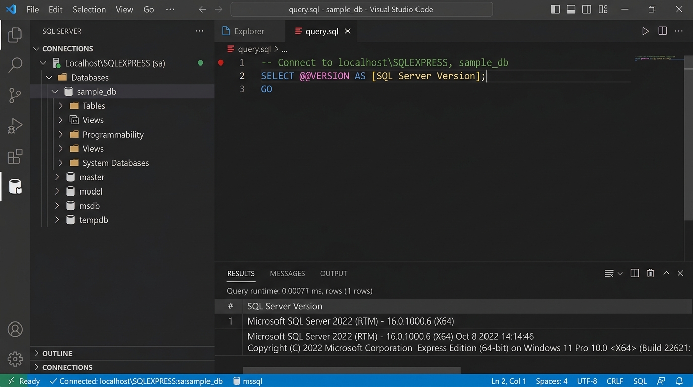 Visual Studio Code with active mssql extension showing connected localhost database, T-SQL query editor, and execution results pane