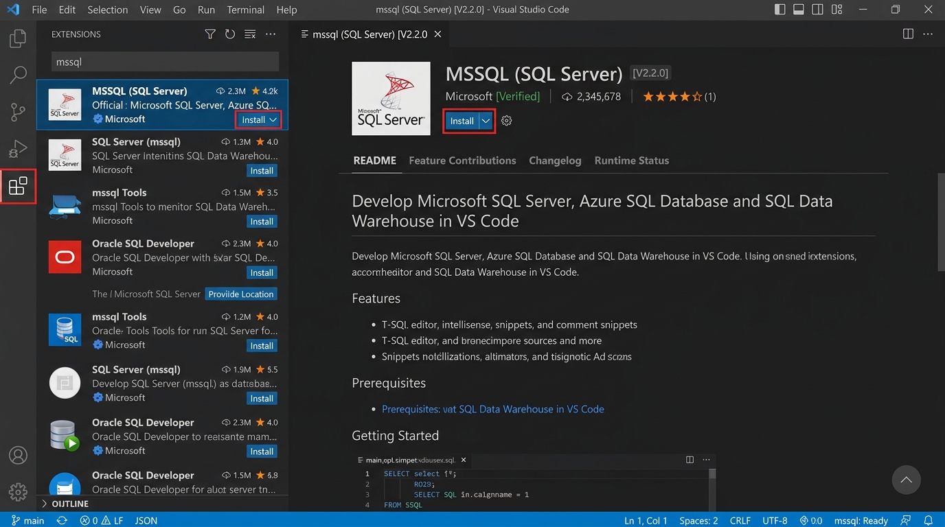 Visual Studio Code Extensions viewlet searching for mssql and highlighting the Microsoft SQL Server extension Install button