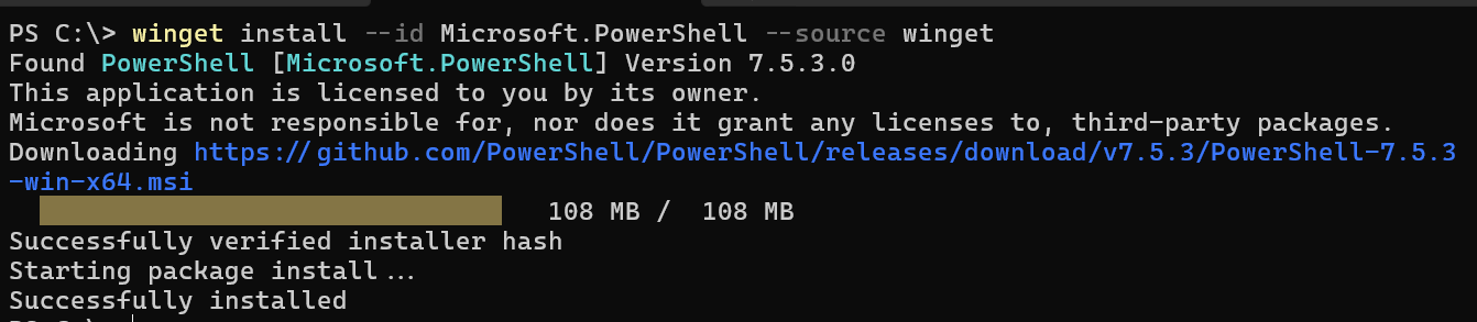 Screenshot of PowerShell install command line winget