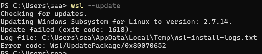 WSL update failed exit code 1618